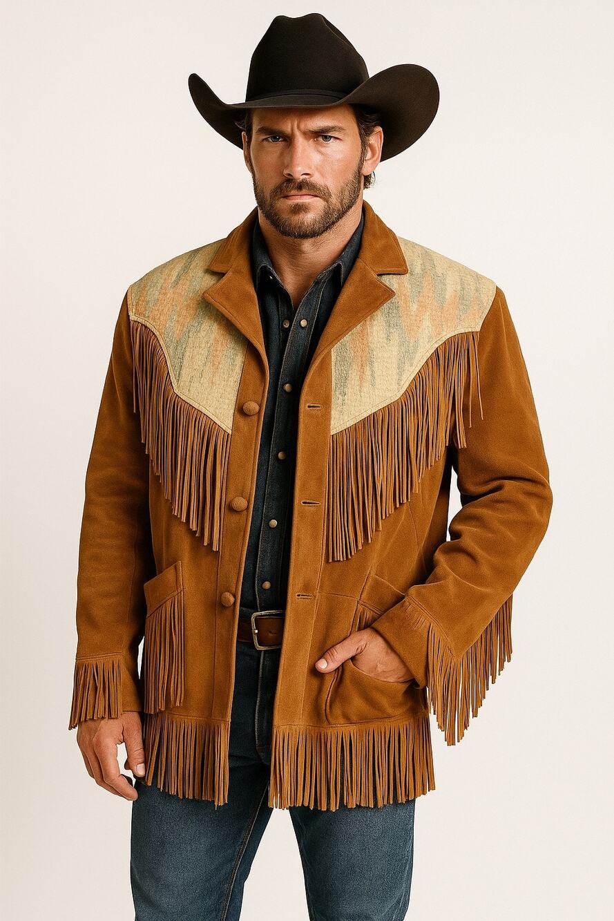 1970s Pioneer Wear USA Suede Fringe Jacket Southwest Wool Yoke Western Coat M-L